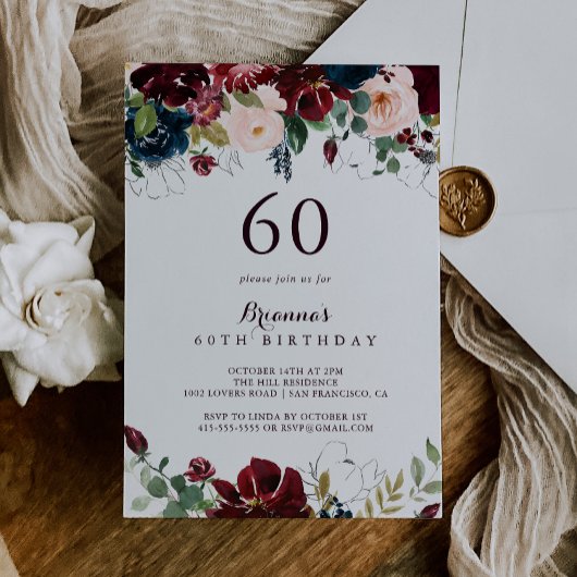 水彩図解入りの、写真付きの秋60th誕生日パーティー 招待状