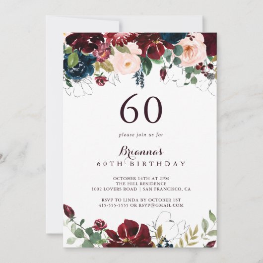 水彩図解入りの、写真付きの秋60th誕生日パーティー 招待状 (正面)