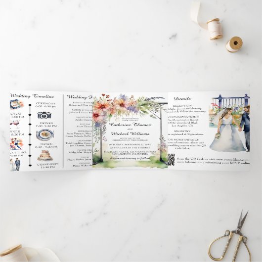 水彩園塀ワイルドフラワー結婚のQRコード 三つ折り招待状 (内部)