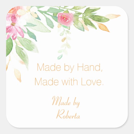 水彩園花を持つ手作りラベル スクエアシール (正面)