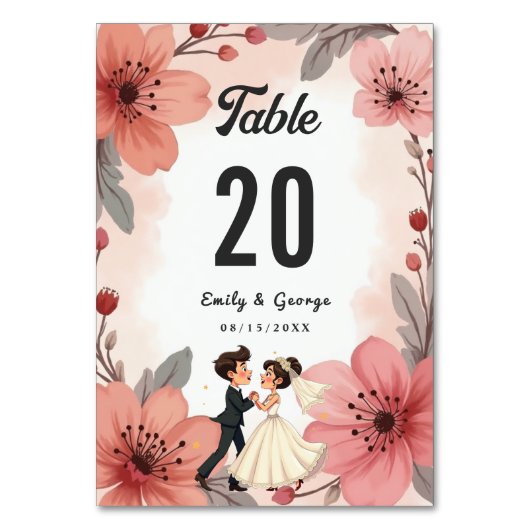 水彩埃っぽいフローラ新郎新婦結婚ズ テーブルナンバー (正面)