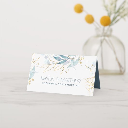 水彩埃っぽいブルーフローラボホエレガントな結婚式 プレイスカード (裏面)