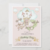 水彩城プリンセスドラゴンピンク誕生日 招待状 (正面)