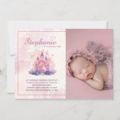 水彩城堡 粉色 宝宝女孩 1岁生日照片 招待状 (正面)