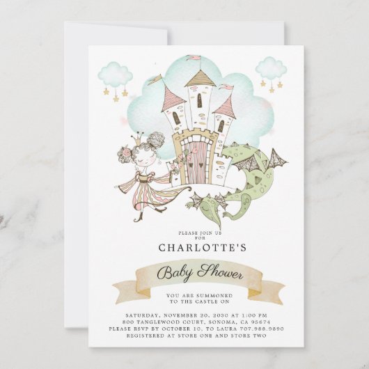 水彩城姫ドラゴン ベイビーシャワー 招待状 (正面)
