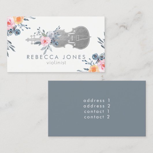 水彩塵性青色花バイオリン 名刺 (正面/裏面)