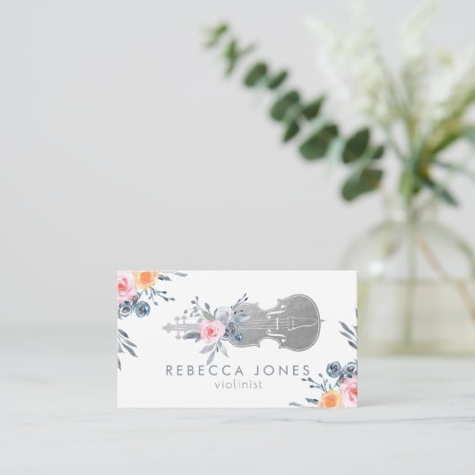 水彩塵性青色花バイオリン 名刺 (スタンド正面)