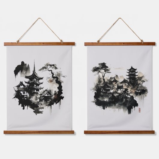水彩墨村日本のアジア 吊り下げ型タペストリー (ダブル)