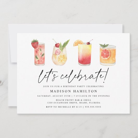 水彩夏のカクテル誕生日パーティー 招待状 (正面)