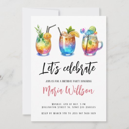 水彩夏のカクテル誕生日パーティー 招待状 (正面)