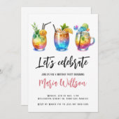 水彩夏のカクテル誕生日パーティー 招待状 (正面/裏面)