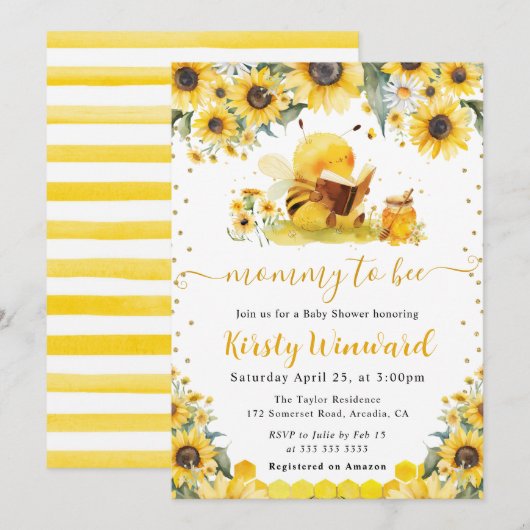 水彩夏のミツバチとヒマワリ赤ちゃんシャワー 招待状 (正面/裏面)