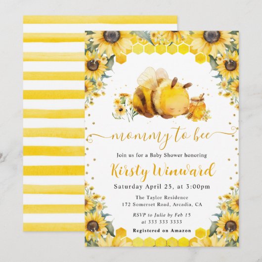 水彩夏のミツバチとヒマワリ赤ちゃんシャワー 招待状 (正面/裏面)