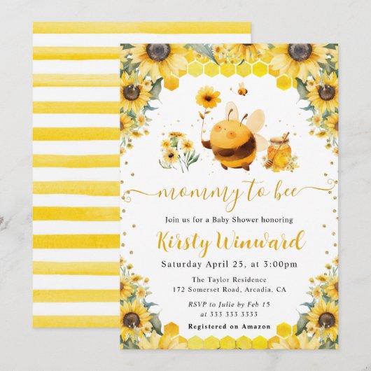 水彩夏のミツバチとヒマワリ赤ちゃんシャワー 招待状 (正面/裏面)