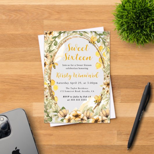 水彩夏のミツバチと花のSweet sixteen アクリル招待状 (インサイチュ (招待状))