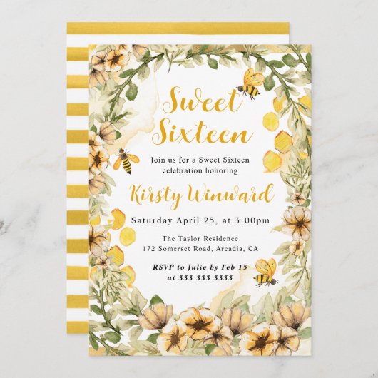 水彩夏のミツバチと花のSweet sixteen 招待状 (正面/裏面)