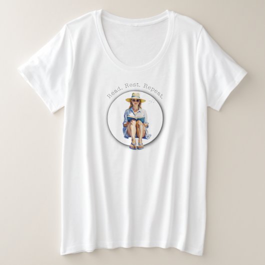 水彩夏の女性とサンハットと本 プラスサイズTシャツ (デザイン正面)