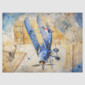 水彩夏の旅行ブルーのレトロ飛行機 薄葉紙 (正面)