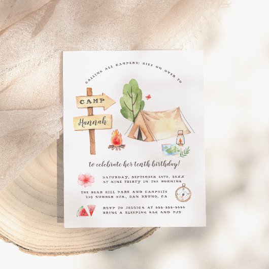 水彩夏キャンピングガールズバースデーパーティー インビテーションポストカード