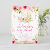 水彩夏ピンクの花スワン赤ちゃんシャワー 招待状 (スタンド正面)