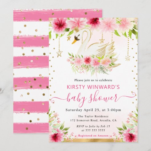 水彩夏ピンクの花スワン赤ちゃんシャワー 招待状 (正面/裏面)