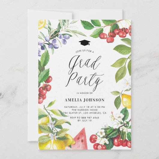 水彩夏フルーツフローラ卒業パーティー 招待状 (正面)