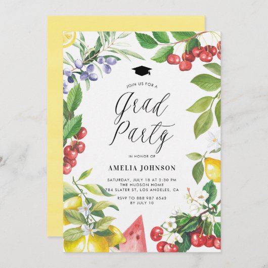 水彩夏フルーツフローラ卒業パーティー 招待状 (正面/裏面)