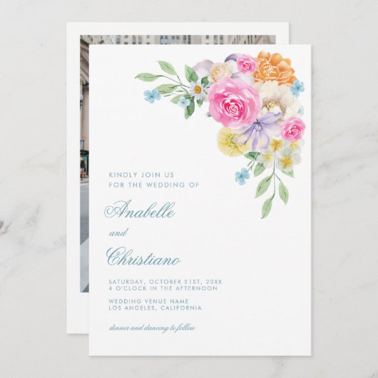 水彩夏フローラガーデンパーティー結婚ズ 招待状 (正面/裏面)