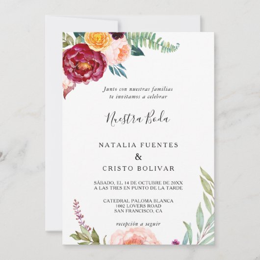 水彩夏フローラスペインの結婚ズ 招待状 (正面)