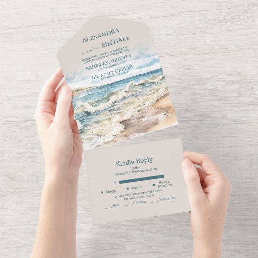 水彩夏日海洋海滩婚礼 オールインワン招待状 (貼ってはがせる)