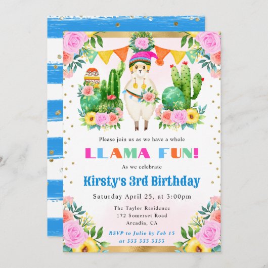 水彩夏日花卉小羊子供誕生日 招待状 (正面/裏面)