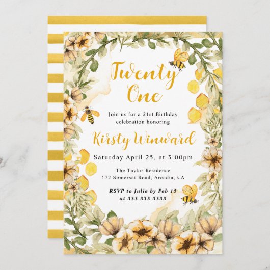 水彩夏日蜜蜂与花卉 21岁生日 招待状 (正面/裏面)