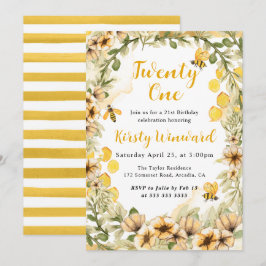 水彩夏日蜜蜂与花卉 21岁生日 招待状