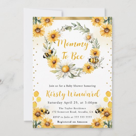水彩夏日蜜蜂向日葵婴儿淋浴 招待状 (正面)