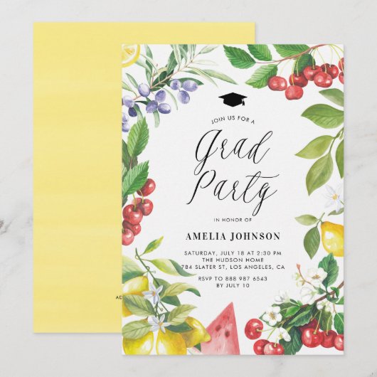 水彩夏果花卉毕业派对 招待状 (正面/裏面)