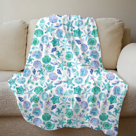 水彩夏貝殻とヒトデ沿岸 フリースブランケット