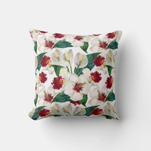 水彩夏赤と白熱帯開花 クッション (正面)