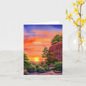 水彩夕日と赤い岩のカスタマイズ可能 カード (黄色い花)