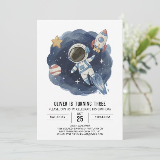 水彩外宇宙デジタル宇宙飛行士誕生日 招待状 (スタンド正面)