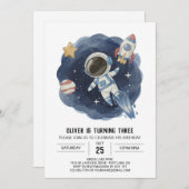 水彩外宇宙デジタル宇宙飛行士誕生日 招待状 (正面/裏面)