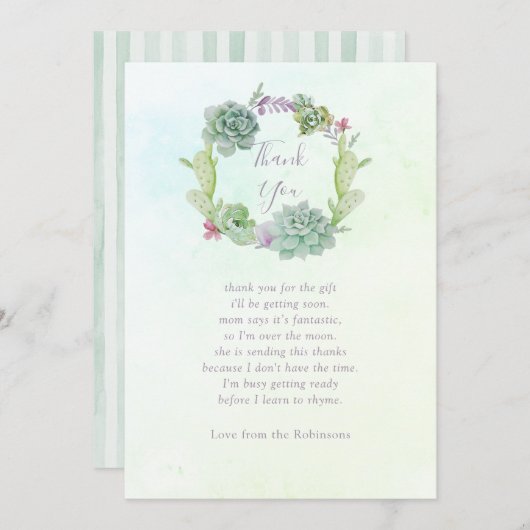 水彩多肉乳児シャワーありがとう サンキューカード (正面/裏面)