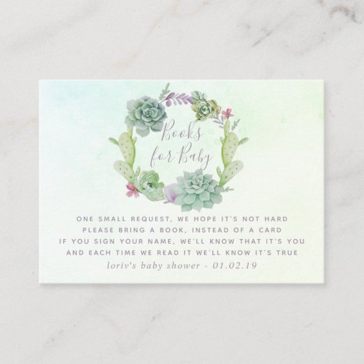 水彩多肉乳児シャワーブックリクエスト エンクロージャーカード (正面)