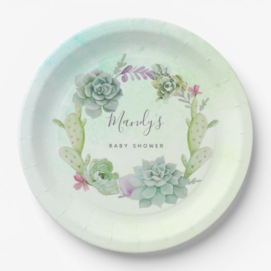 水彩多肉乳児シャワー ペーパープレート (正面)