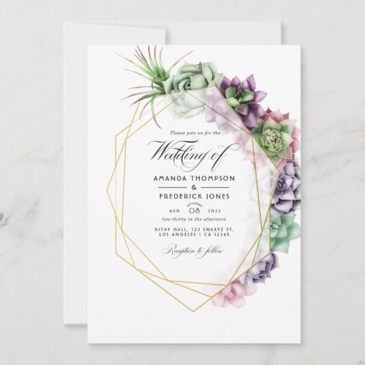 水彩多肉性の幾何結婚画の写真 招待状 (正面)