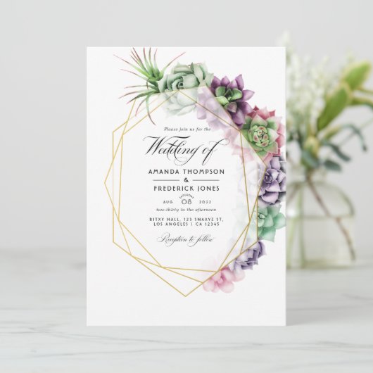水彩多肉性の幾何結婚画の写真 招待状 (スタンド正面)