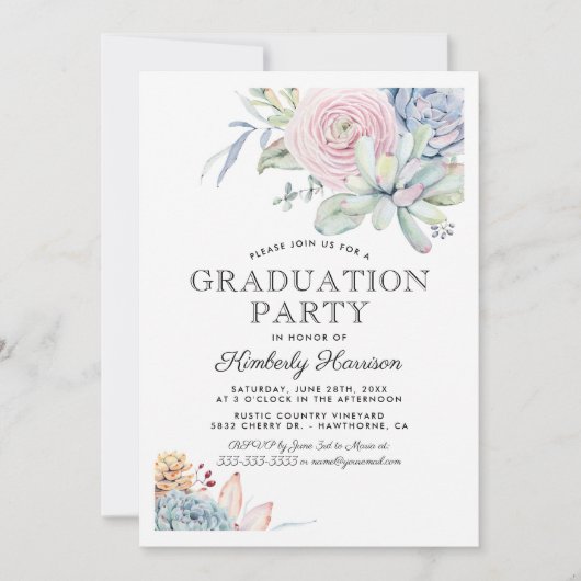 水彩多肉性フローラ卒業パーティー 招待状 (正面)