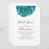 水彩多肉性ブライダルシャワー。ティール(緑がかった色) 招待状 (正面/裏面)