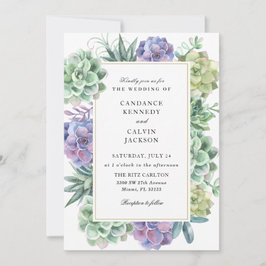 水彩多肉株結婚の 招待状 (正面)