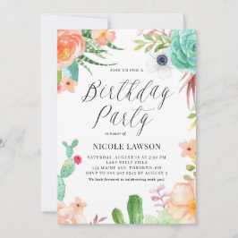 水彩多肉植物とフラワーフィエスタ誕生日 招待状