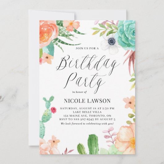 水彩多肉植物とフラワーフィエスタ誕生日 招待状 (正面)